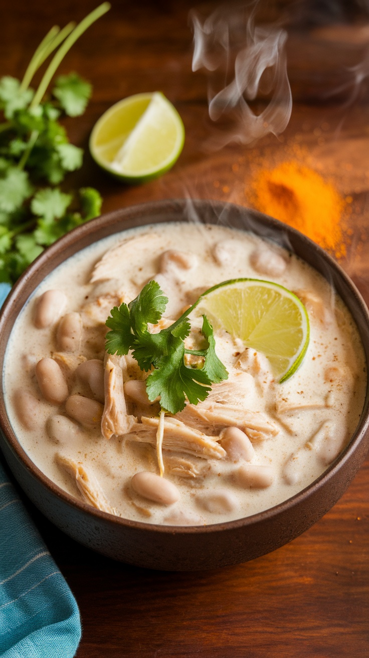 A bowl of white chicken chili with shredded chicken and white beans, garnished with cilantro and lime.